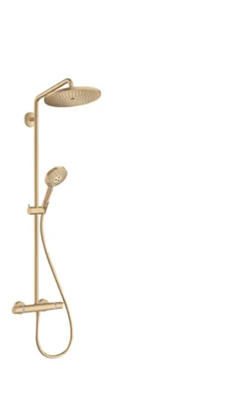 Hansgrohe Duschsystem mit Regendusche und Handbrause in einem gebürsteten Bronzeton, ausgestattet mit einem Thermostat und flexibler Schlauchführung.